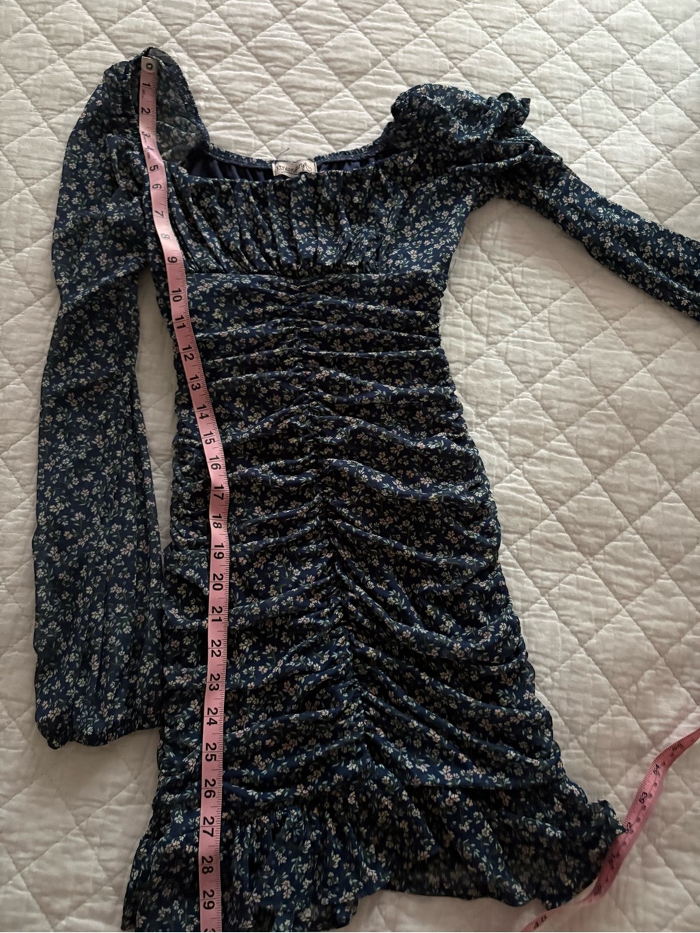 Blue Floral Ruched Long-Sleeve Dress